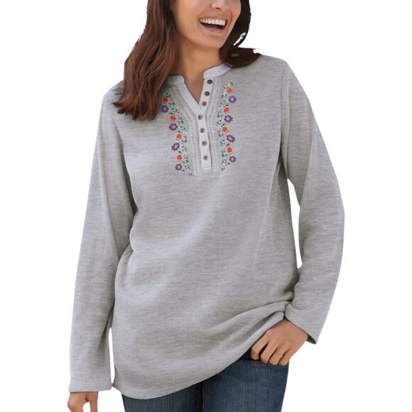 Woman Within Plus Size 3X Embroidered Floral Thermal Casual Cozycore Henley Top - Picture 1 of 12